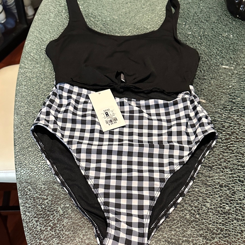 Kids Black & White Gingham One-Piece Swimsuit